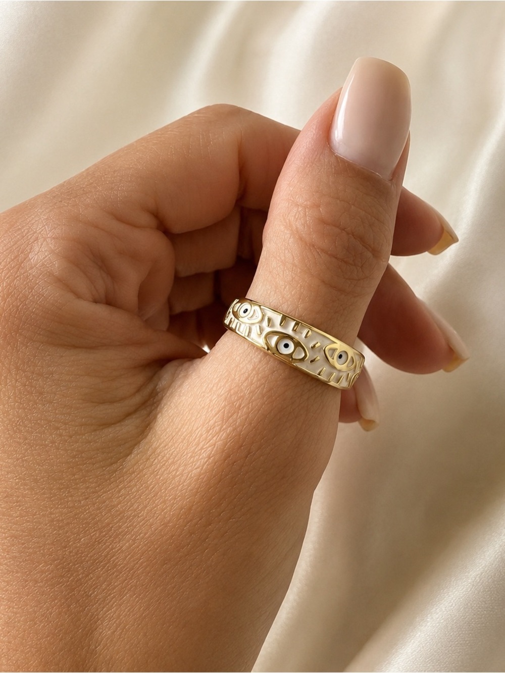 Gold and White Evil Eye Open Ring